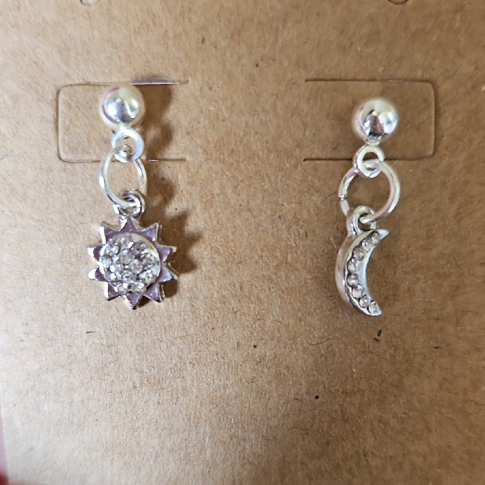 Sun & Moon Crystal Drop Earrings - Silver Tone